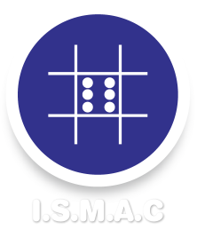 Logotipo Oficial da instituição em forma de circulo com fundo azul, no centro na cor branca, aparece uma cela com os 6 pontos do sistema Braille, abaixo da cela está a sigla ISMAC, também na cor branca.