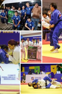 Montagem de fotos mostrando atividades de um grupo de judocas, possivelmente de um projeto social esportivo chamado "Esporte e Cultura Pantaneira". Na imagem superior, um grupo de pessoas, incluindo crianças, adolescentes e adultos, posa em frente a uma van segurando um banner do projeto. Nas outras imagens, há cenas de competições de judô, com lutas entre atletas usando quimonos branco e azul, além de momentos de confraternização e poses com medalhas e o mesmo banner do projeto. O ambiente é de ginásio esportivo, com tatames coloridos e banners ao fundo, destacando um evento organizado por alguma federação de judô ou paralímpica, sugerido pelo logo das "loterias caixa" e os uniformes dos participantes. O clima geral é de camaradagem e incentivo ao esporte.